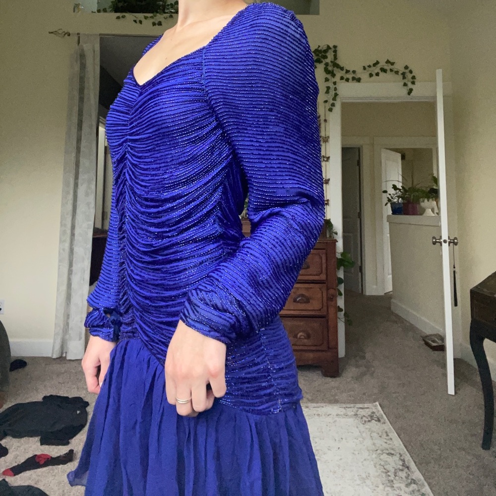 Vintage blue pure silk beaded dress